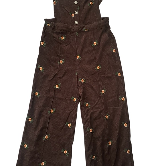 Cider brown corduroy embroidered sunflower pinafore overalls - Picture 2 of 4